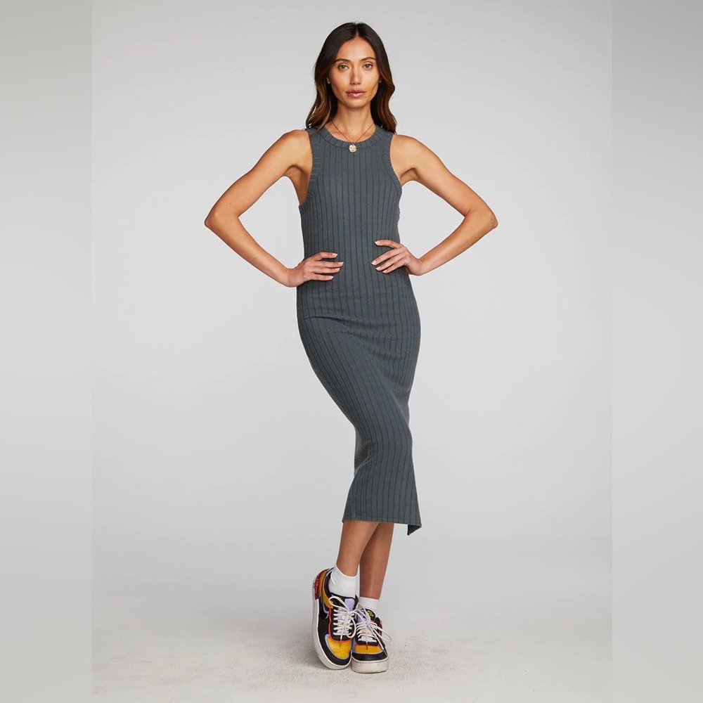 BRAND NEW dark grey ribbed midi dress with a slit. Can be dressed up or down!